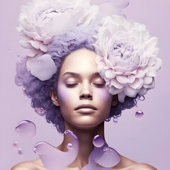 Minimalist portrait of a woman with pastel purple flowers and water drops