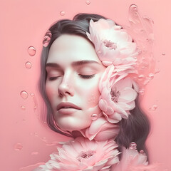Wondrous minimalistic illustration portrait woman with pink flowers