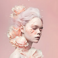 Wondrous minimalistic illustration portrait woman with peach color flowers and liquid melting from her face.