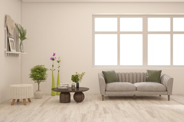 White scandinavian interior design with sofa. 3D illustration