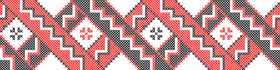 Vector illustration of Ukrainian ornament in ethnic geometric style, identity, vyshyvanka, embroidery for print clothes, websites, banners. Background, copy space, frame