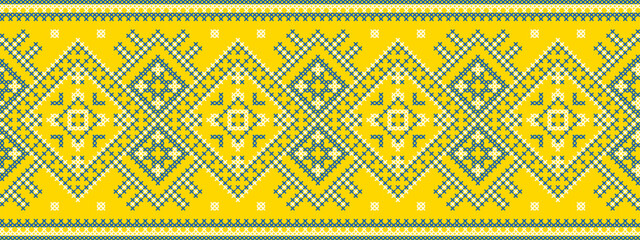 Vector illustration of Ukrainian ornament in ethnic geometric style, identity, vyshyvanka, embroidery for print clothes, websites, banners. Background, copy space, frame