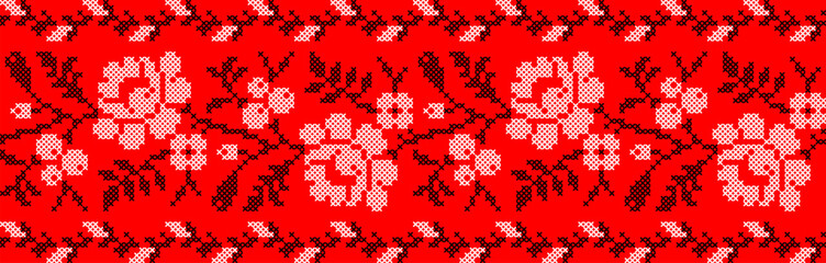 Vector illustration of Ukrainian ornament in ethnic geometric style, identity, vyshyvanka, embroidery for print clothes, websites, banners. Background, copy space, frame