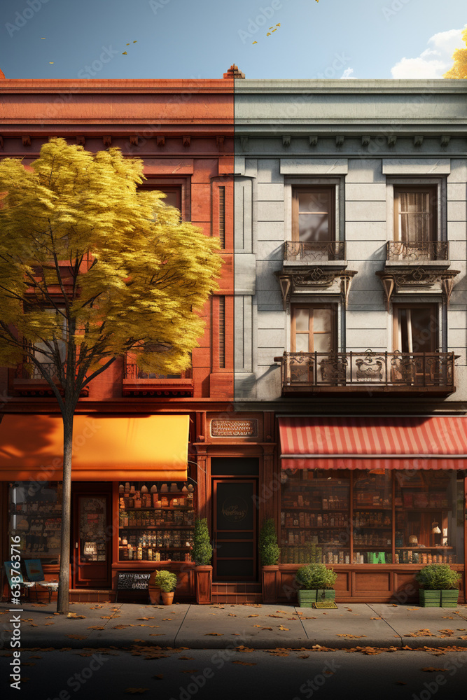 Fototapete a split-screen image contrasting a traditional brick-and-mortar store with an online store, emphasiz