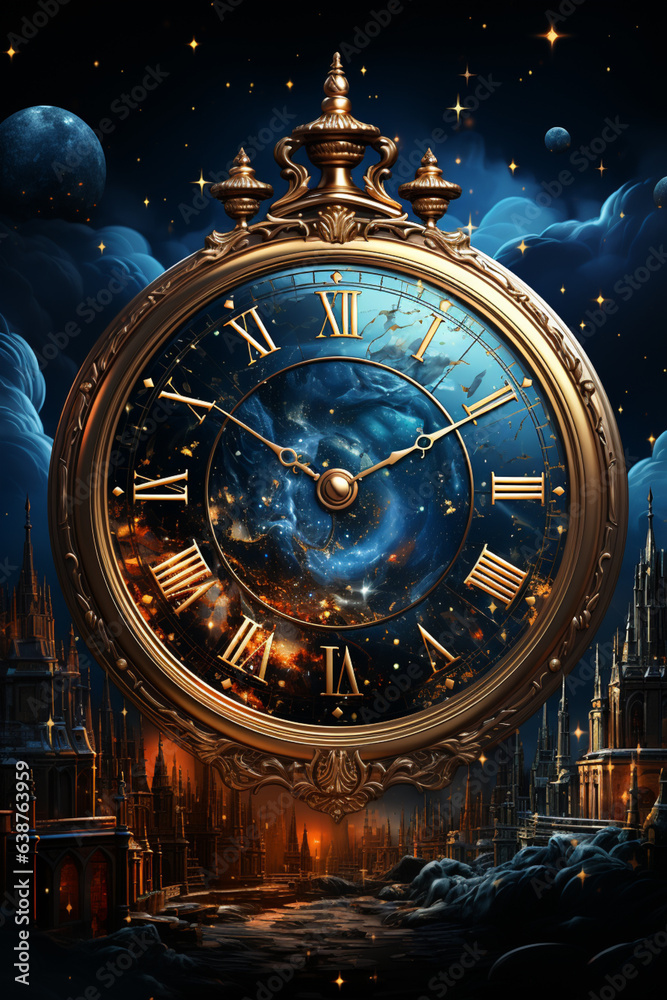 Aufkleber an elegant clock striking midnight against a backdrop of twinkling stars, generative ai technology.