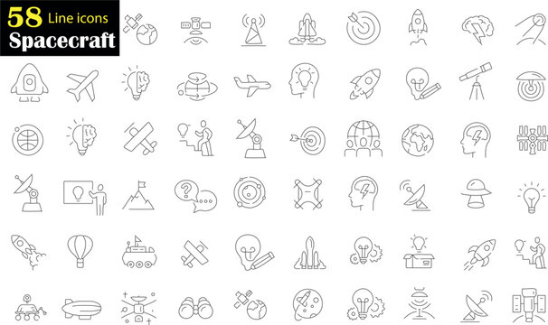 58 line icons of spacecraft with editable strokes. The icons depict various spacecraft, planets, satellites, telescopes, and other space-related objects. perfect for space mission related project