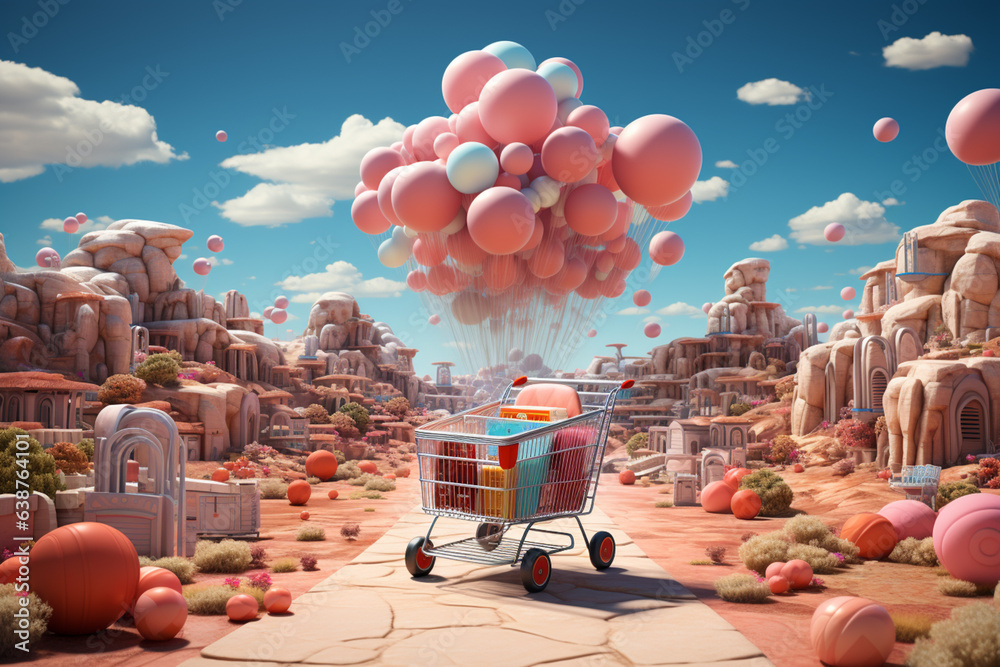 Aufkleber a composite image of shopping carts rolling through a virtual landscape of discounted products, gene
