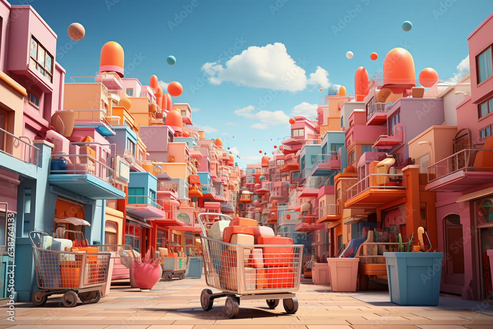 Aufkleber A composite image of shopping carts rolling through a virtual landscape of discounted products, Generative AI technology.