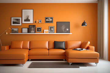 Living room have orange leather sofa and decoration minimal on two tone wall. 3d rendering