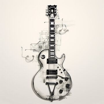  Technical drawing of a Les Paul guitar, black and white, only in outline, exploded view, isometric perspective
