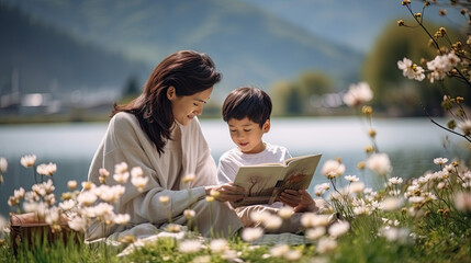 an asian mother and her son have a picnic in the summer by a lake in fine weather.