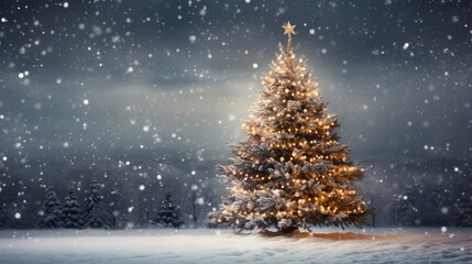 decorated Christmas tree with blurred snowfall background in winter time. 