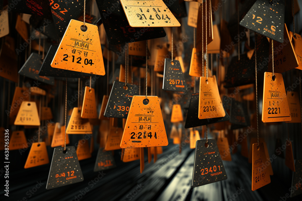 Poster rain of sale tags: a background with a rain of falling sale tags, each showcasing a different discou