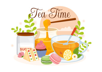 Tea Time Vector Illustration with Mug of Hot Drink, Sweet Desserts and Cookies Usually Done Between Meals in Flat Cartoon Hand Drawn Templates