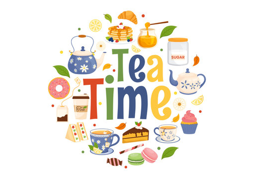 Tea Time Vector Illustration with Mug of Hot Drink, Sweet Desserts and Cookies Usually Done Between Meals in Flat Cartoon Hand Drawn Templates