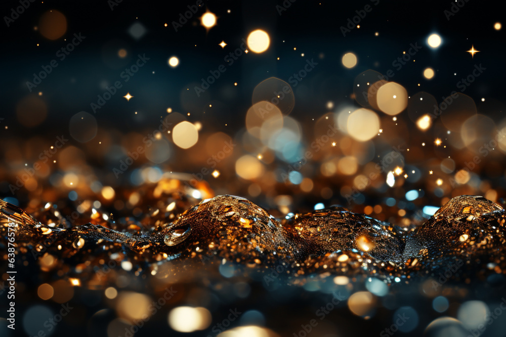 Poster glittering gold: an image of golden sparkles and glitter against a black backdrop, symbolizing the t