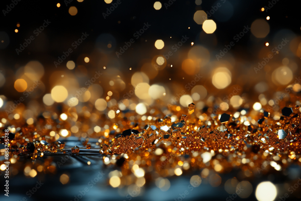 Poster glittering gold: an image of golden sparkles and glitter against a black backdrop, symbolizing the t
