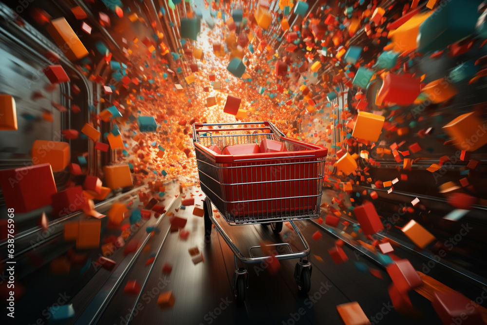Aufkleber a fast-paced image of shopping carts racing to collect items with flashing 