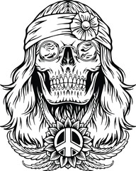 Psychedelic hippie skull head groovy vibes Illustration monochrome vector illustrations for your work logo, merchandise t-shirt, stickers and label designs, poster, greeting cards advertising business