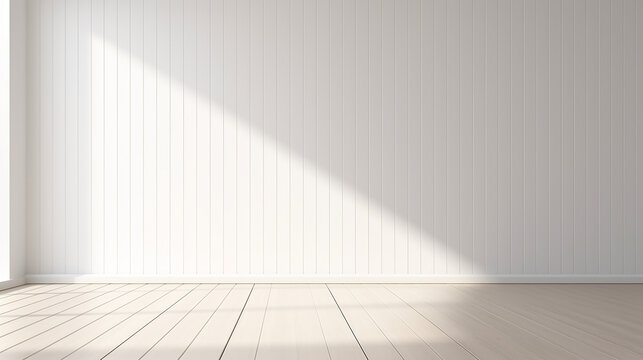 3D stimulate of white room interior and wood plank floor with sun light cast the shadow on the wall. Generative AI