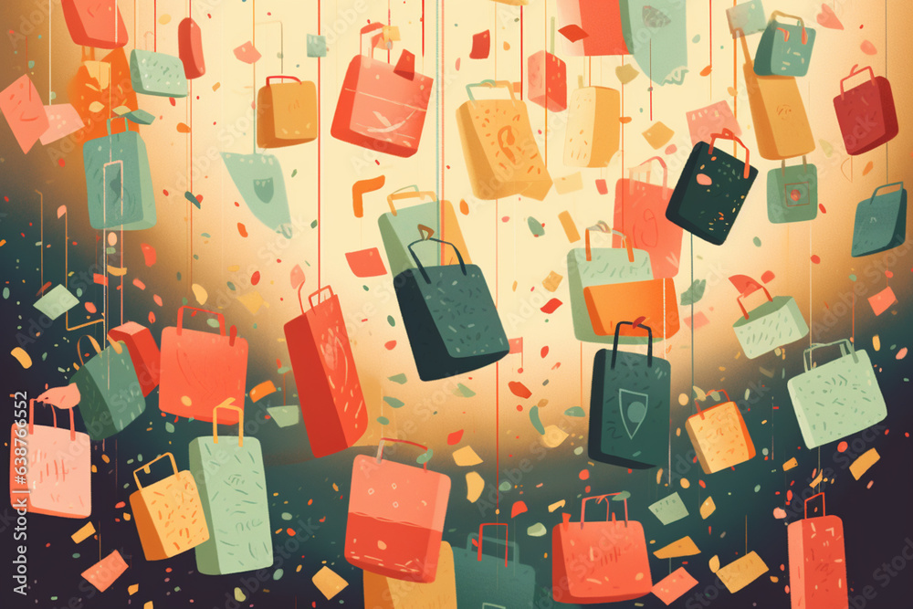 Leinwandbilder A playful depiction of price tags falling like confetti, each displaying discounted prices, creating a festive atmosphere of savings. Generative AI technology.