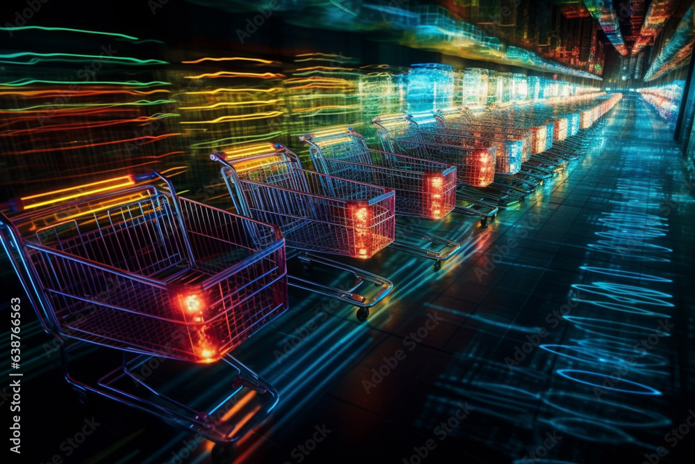 Aufkleber a fast-paced image of shopping carts racing to collect items with flashing 