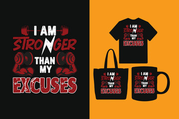 I am stronger than my excuses t shirt design, Gym and fitness tshirt design, Best Gym Fitness T Shirt Design, gym t shirt for men and women