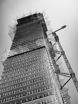 Black and white image of an unfinished building