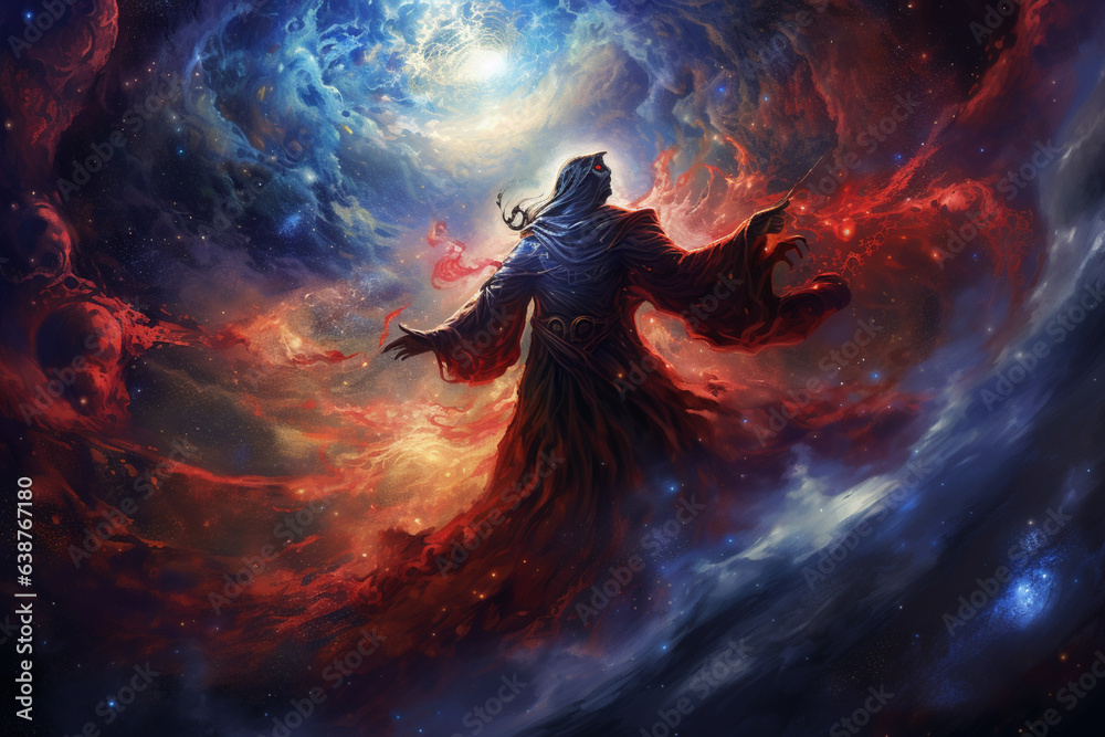 Poster a genie unites elements of the universe, merging galaxies, stars, and nebulae in a celestial symphon