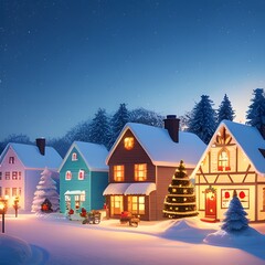Illustration of Christmas village. A beautiful and magical winter city, straight out of a fairytale, with snow-covered rooftops. Happy new year. Winter landscape.