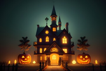 Haunted mansion horror scene with carved Jack-o-lantern Halloween pumpkins.
