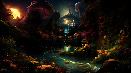 Obraz na płótnie Canvas Wonderful and intricated alien planet with beautiful waterfalls and alien oceans with plent of alien fauna and flora.