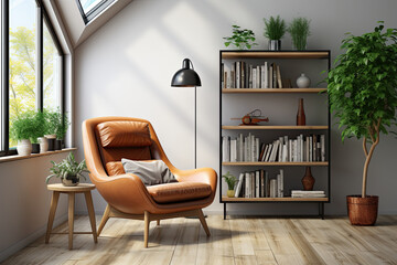 Bookcase with an armchair in a modern cozy room interior in Scandinavian style. Home library with bookshelves. Generative AI