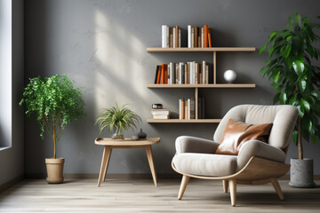 Bookcase with an armchair in a modern cozy room interior in Scandinavian style. Home library with bookshelves. Generative AI