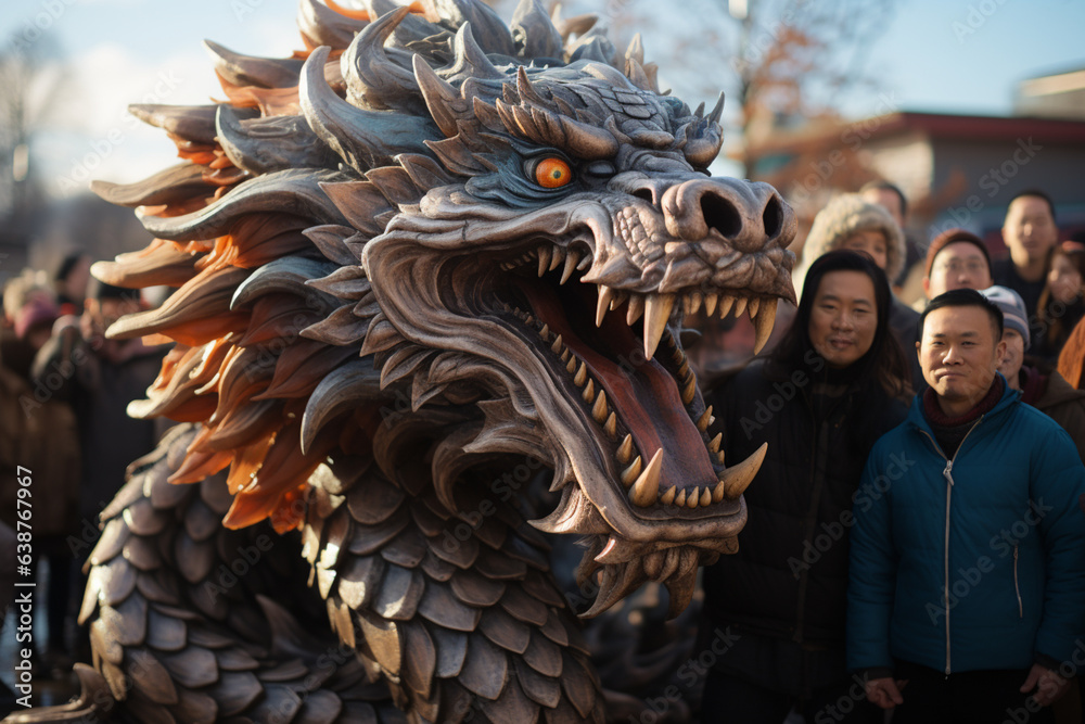 Poster Community Unity: An image portraying the dragon surrounded by a diverse group of people, symbolizing unity  Generative AI technology.