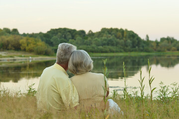 Senior couple hugging in the park, back view