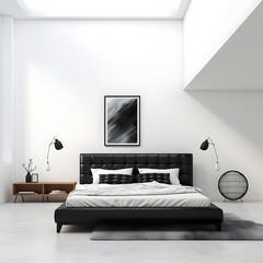  interior, moder minimalistic bedroom, black leather, white walls