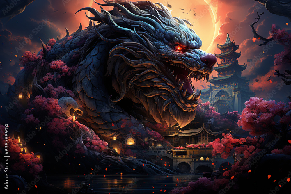 Aufkleber majestic entrance: an image capturing the new year's dragon in vibrant colors, coiled around an orna