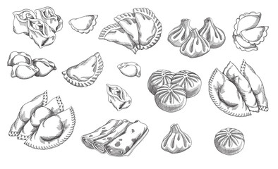 Vector illustration of different dumplings types and styles. Manty, meat dumpling, pelmeni, jiaozi, pyanse or pigodi, khinkali, ravioli, pancake, crepe, Pierogi or varenyky. Vintage hand drawn style.	