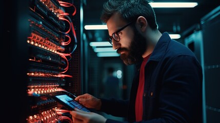 The system administrator configures the wires of the network equipment. Structured cabling systems. Network switch close-up. Storage and transmission of data. Server router. Design ai