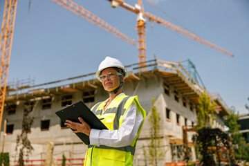 Smiling female construction worker in protective helmet standing against on construction background 