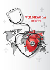 World Heart Day concept, heart with stethoscope and heartbeat line on white background.

