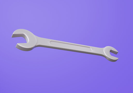 One wrench 3D icon symbol professional assorted building tools spanner realistic metallic mechanic isolated floating on purple background. cartoon minimal cute smooth. 3d render illustration