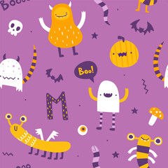 Cute halloween pattern with funny monsters and pumpkins. Seamless vector halloween print for kids textile.