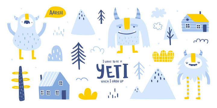 Nordic set with cute yeti houses and trees. Scandinavian vector collection of naive doodle yeti for kids.