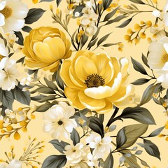 Seamless pattern with flowers and leaves. Generated AI.