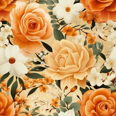 Seamless pattern with flowers and leaves. Generated AI.