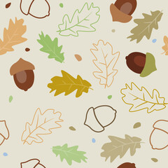 Seamless pattern with autumn leaves and acorns. Vector background. - 638771772