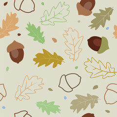 Seamless pattern with autumn leaves and acorns. Vector background. - 638771793