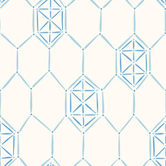Delicate Romantic Chintz Embroidery Vector Seamless Pattern. Cottagecore Ceometric Print. Hand-drawn Diamond Stitches. Farmhouse Background - 638771935